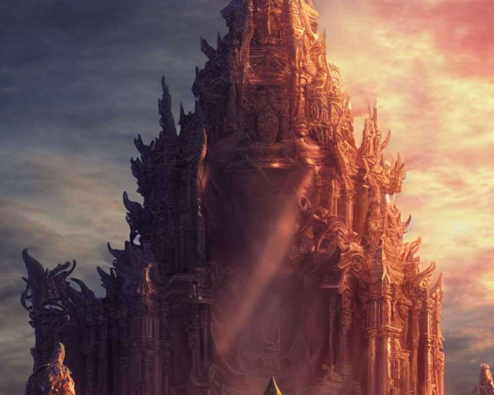 Mystical temple with intricate carvings and cloaked figure in golden light