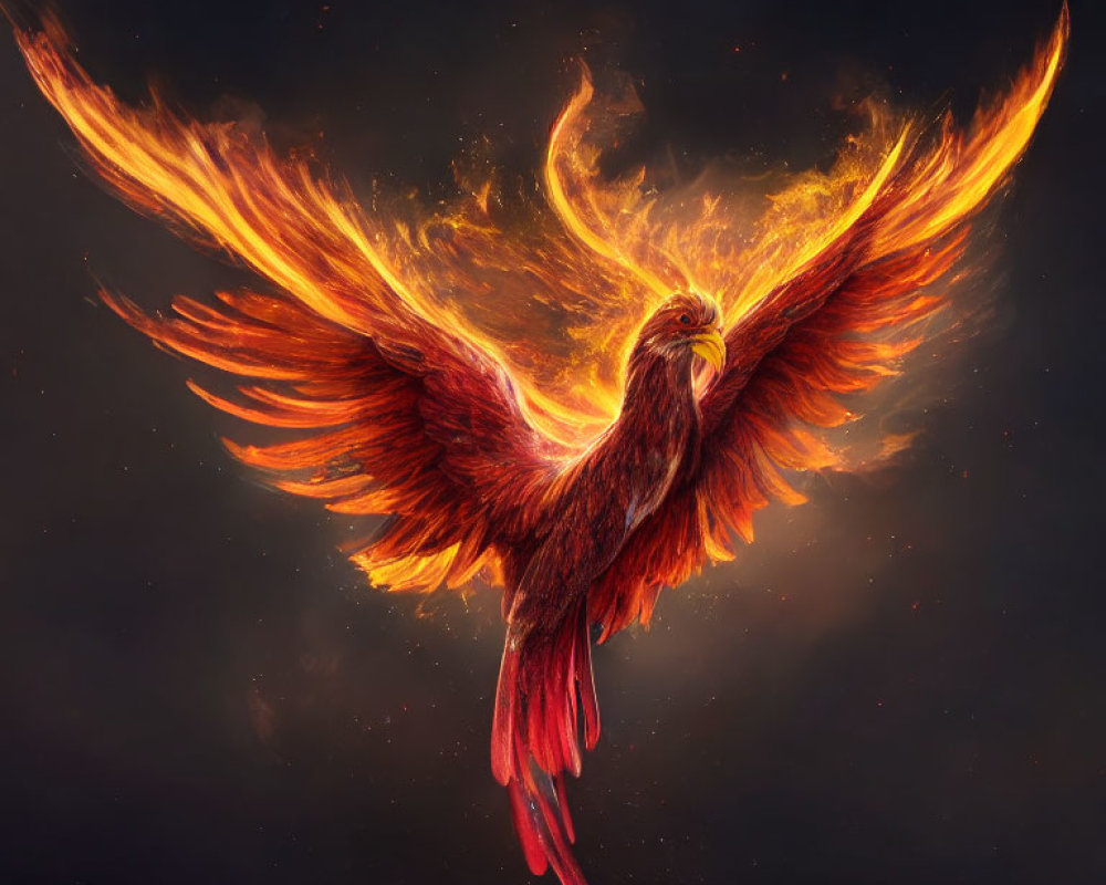 Majestic Phoenix with Fiery Wings in Dark Background