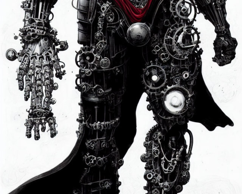 Detailed Black and White Humanoid Figure with Mechanical Gears and Red Accent