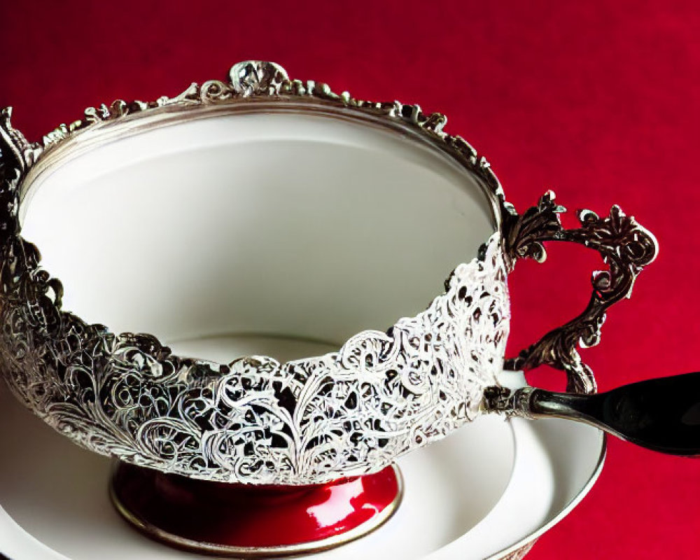 Silver Filigree Teacup and Saucer on Red Background