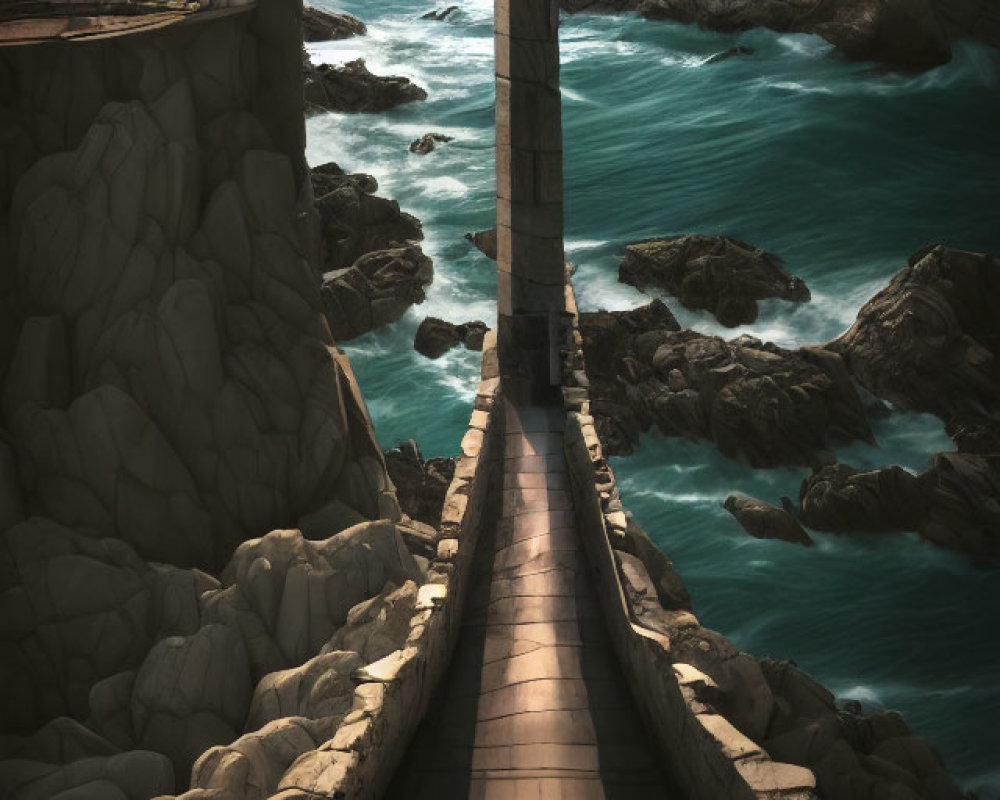 Stone path through tumultuous seas to lighthouse and old buildings on rocky cliffs at twilight