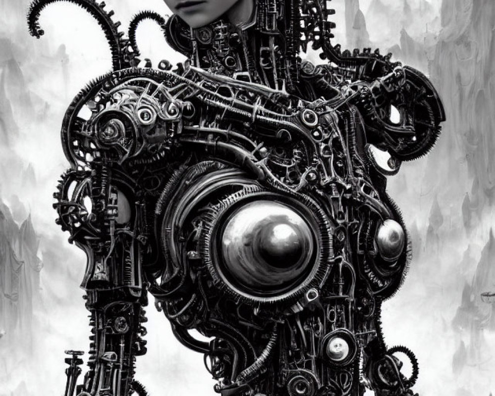 Monochromatic humanoid female robot with intricate mechanical details