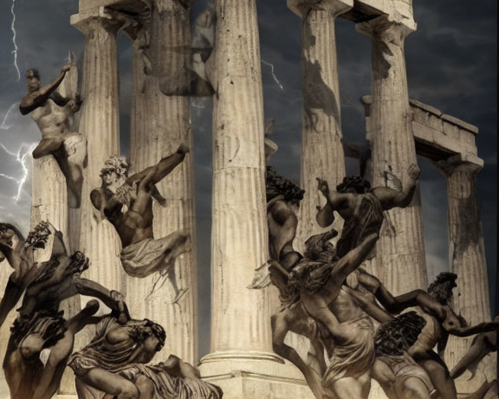 Dramatic stormy scene with classical sculptures and Greek ruins lit by lightning