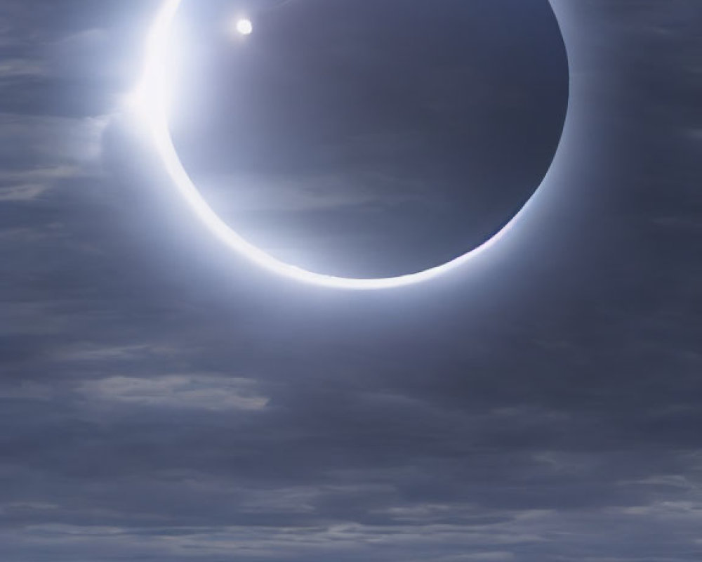 Digital art: Solar eclipse with radiant corona over misty mountains