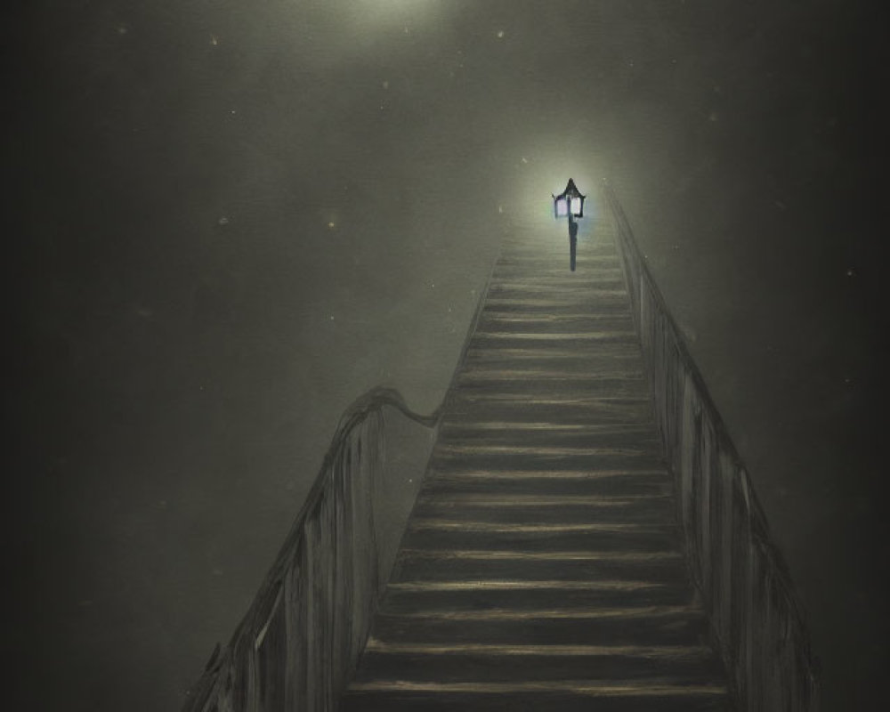 Vintage lantern lighting misty staircase under starry sky