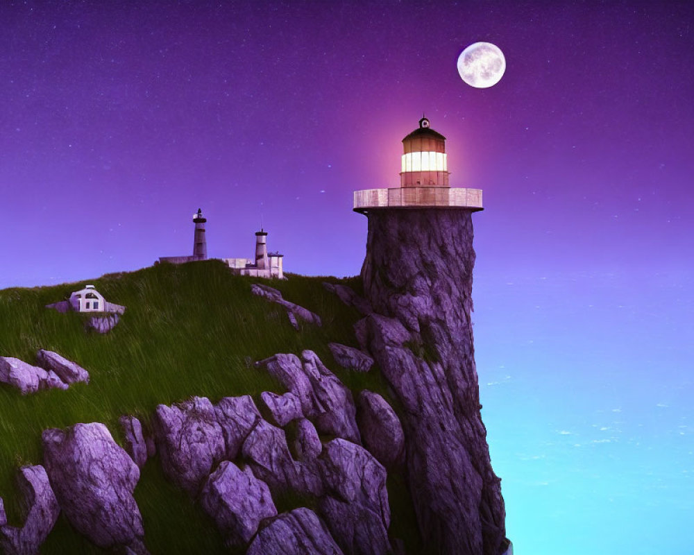 Lighthouse on rugged cliffs under starry sky with full moon