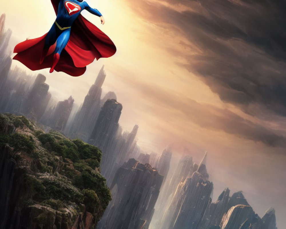 Superman flying over futuristic city with dark sky and hovering spacecrafts