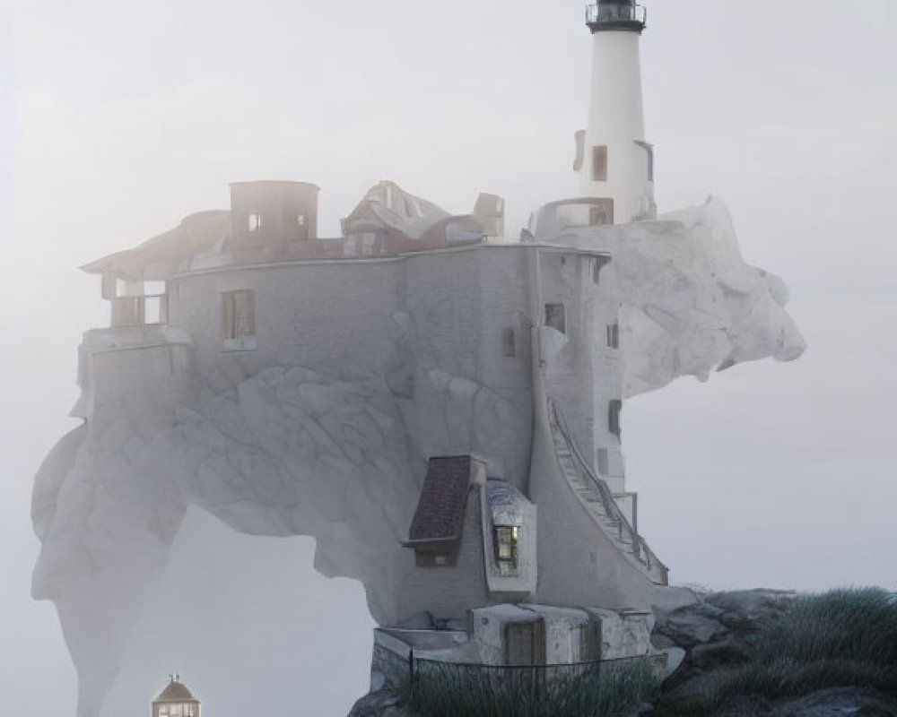 Surreal lighthouse with houses on rock formation under moonlit sky