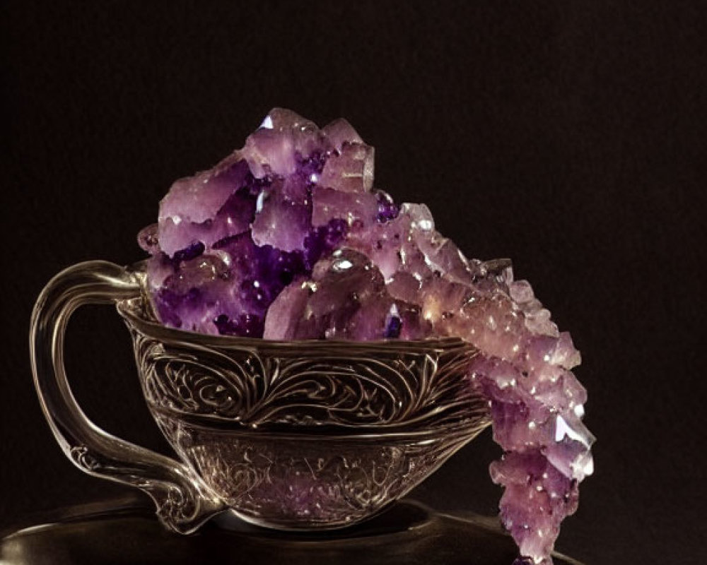 Vintage Silver Teacup Overflowing with Purple Amethyst Crystals