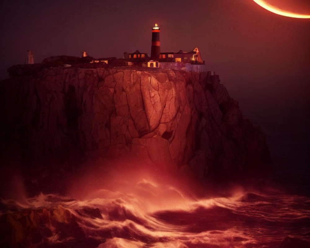 Lighthouse on rugged cliff under red moon and turbulent waves