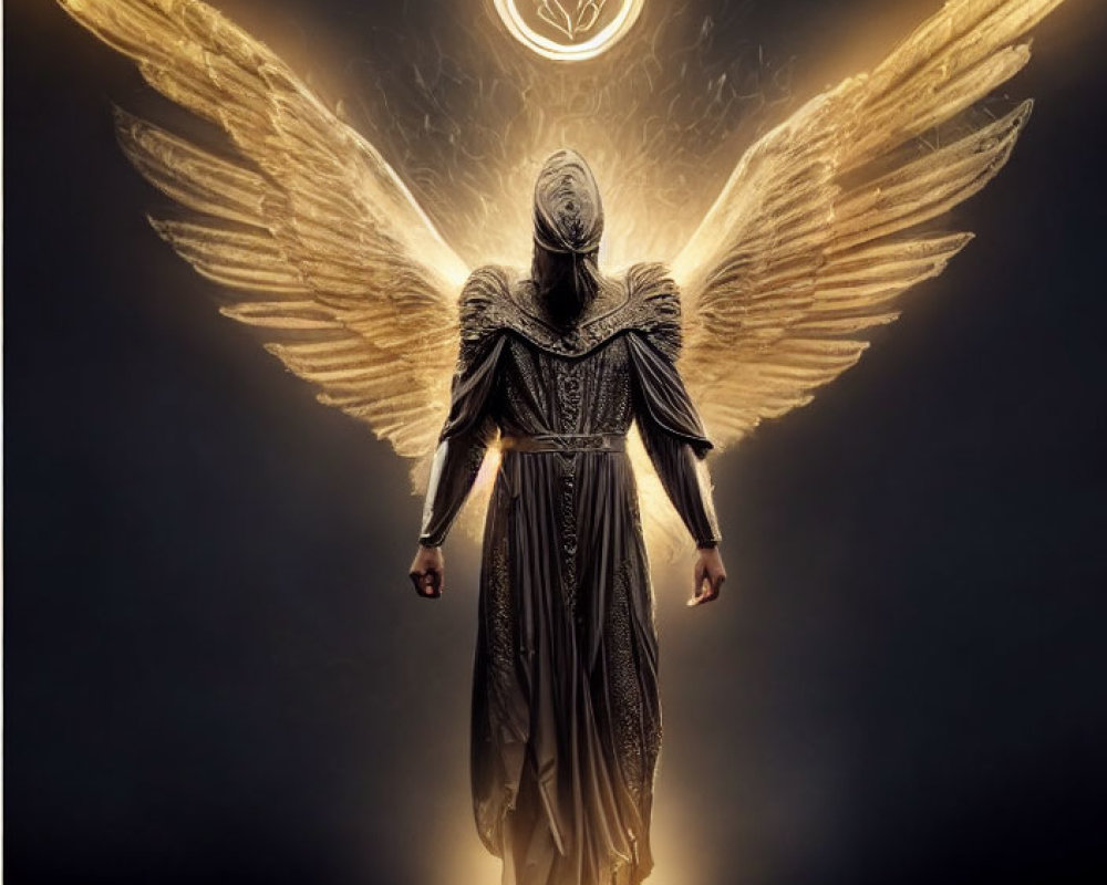 Golden-winged figure with halo in dark space symbolizes ethereal power