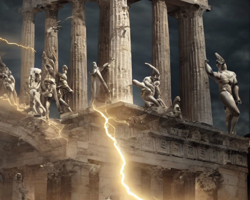 Ancient temple statues brought to life during lightning storm