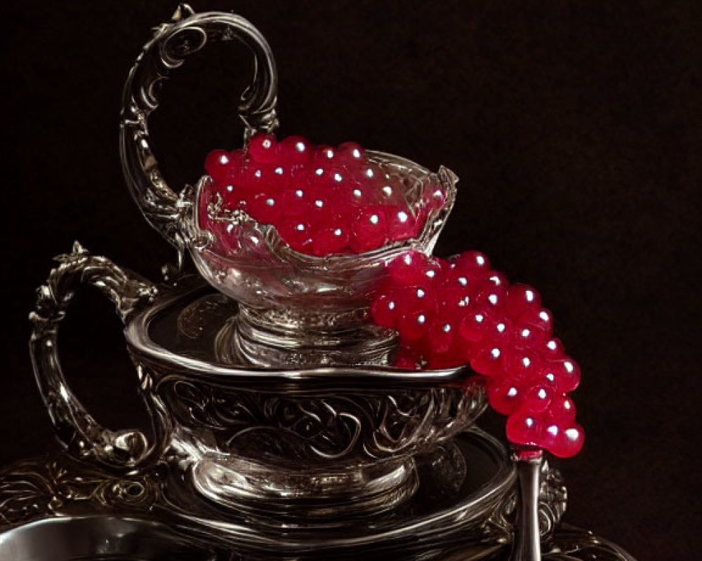 Silver tea set with intricate designs: saucer, teacup, and sugar bowl adorned with red