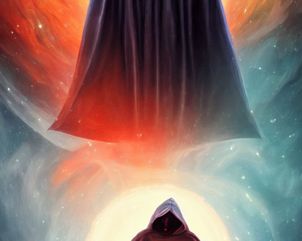 Mysterious cloaked figure with larger silhouette in cosmic backdrop