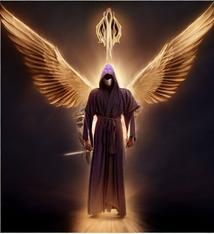 Cloaked figure with glowing eyes and sword before angel wings and mystical emblem.