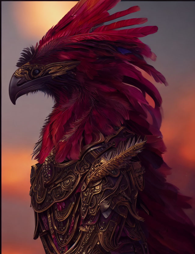 Regal bird with sharp beak in golden armor against dusky sky