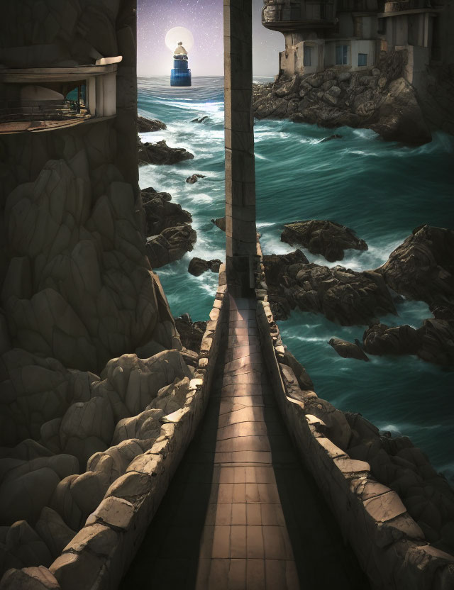 Stone path through tumultuous seas to lighthouse and old buildings on rocky cliffs at twilight