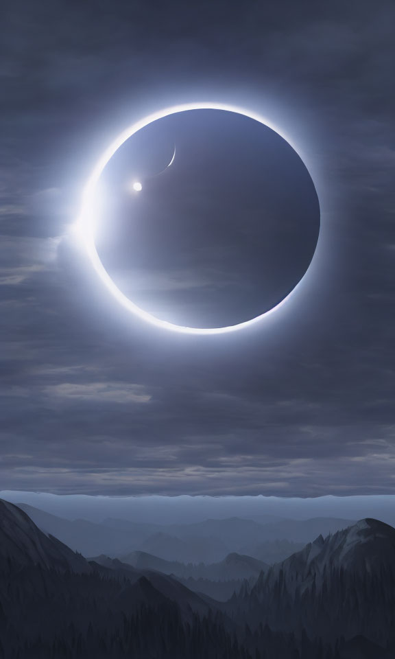 Digital art: Solar eclipse with radiant corona over misty mountains