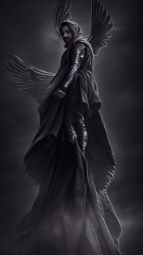 Medieval-style figure in dark armor with stylized wings under moody sky