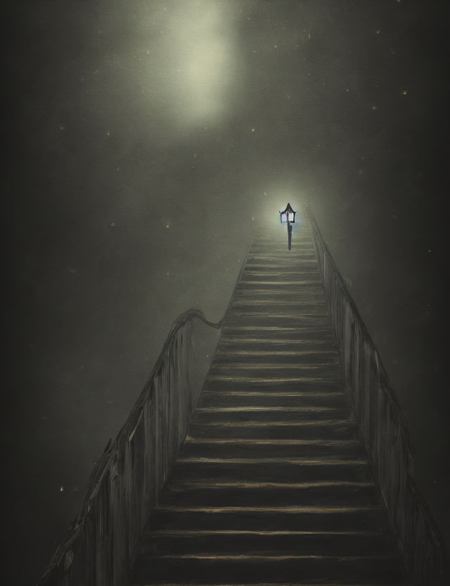 Vintage lantern lighting misty staircase under starry sky