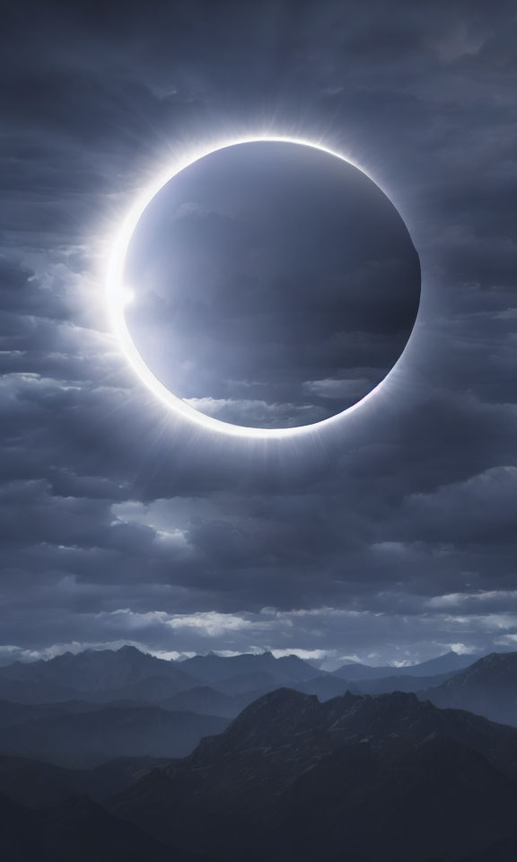 Rare Total Solar Eclipse with Sun's Corona and Twilight Glow over Mountain Landscape