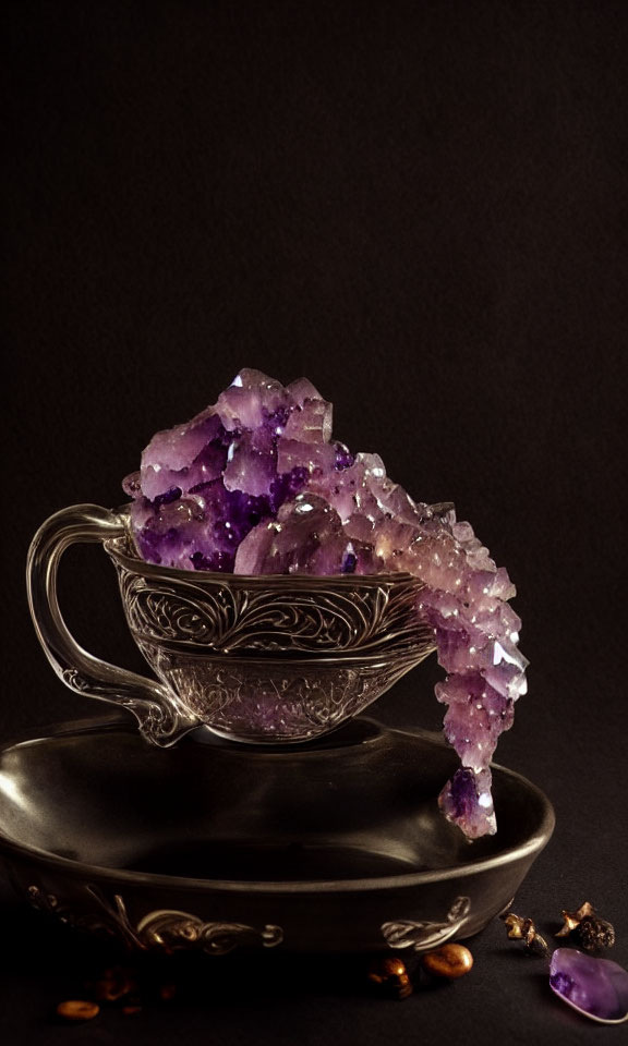 Vintage Silver Teacup Overflowing with Purple Amethyst Crystals