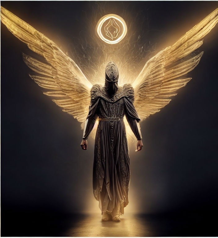 Golden-winged figure with halo in dark space symbolizes ethereal power