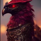 Anthropomorphic bird with red plumes and metallic armor against sunset sky