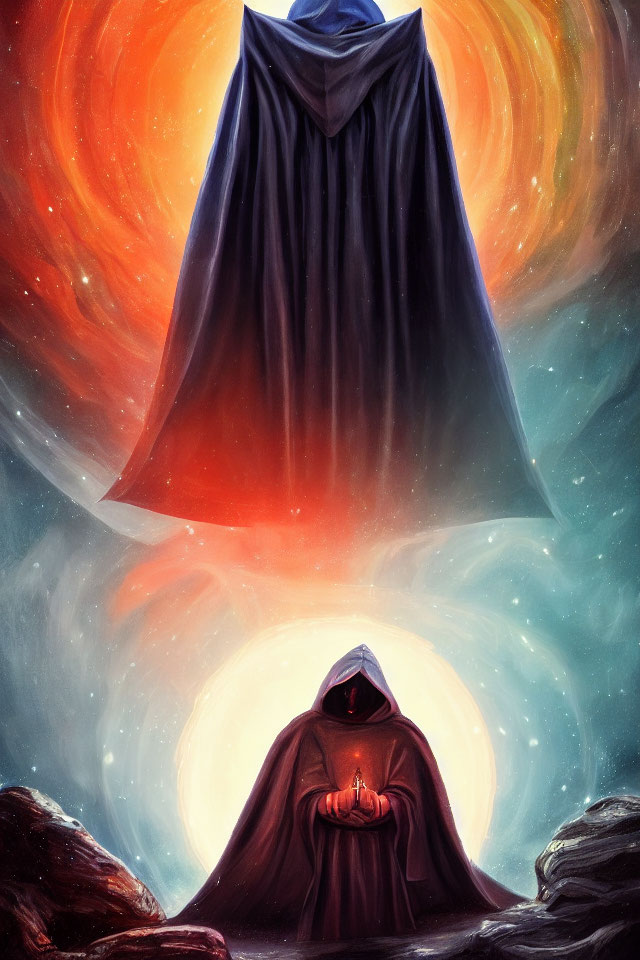 Mysterious cloaked figure with larger silhouette in cosmic backdrop