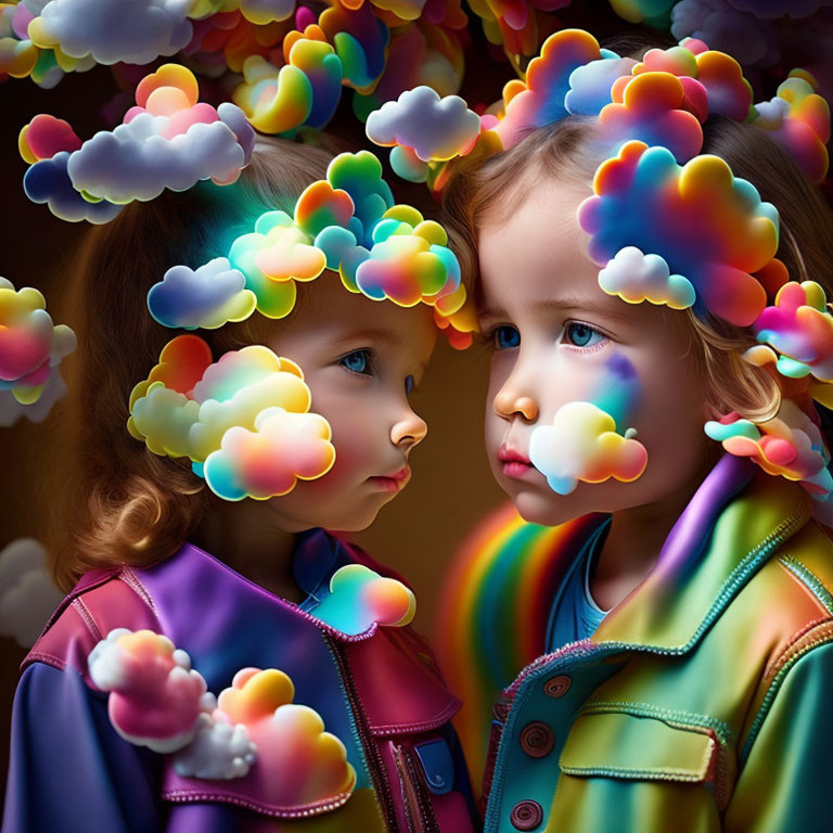 Vibrant cloud patterns on children's faces and hair in colorful backdrop