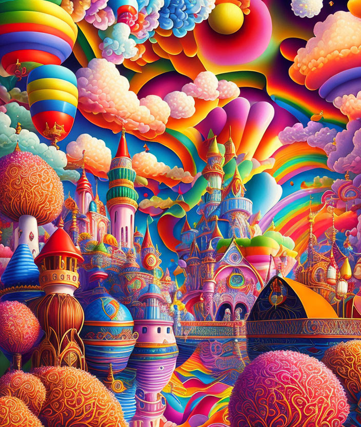 Colorful Fantasy Landscape with Castles, Hot Air Balloons, and Candy-like Clouds