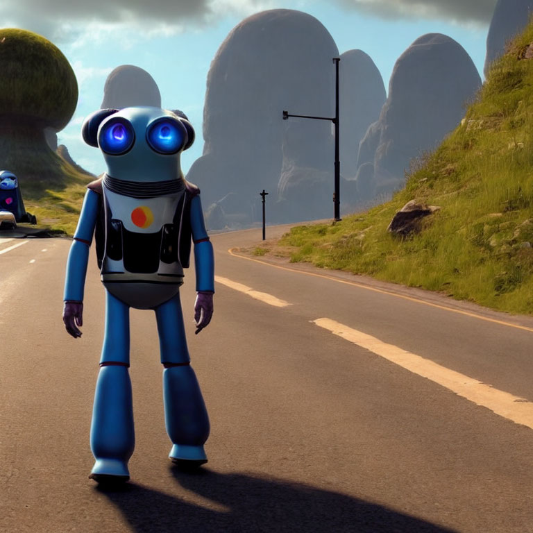 Blue and White 3D Animated Robot on Road with Grass Hills