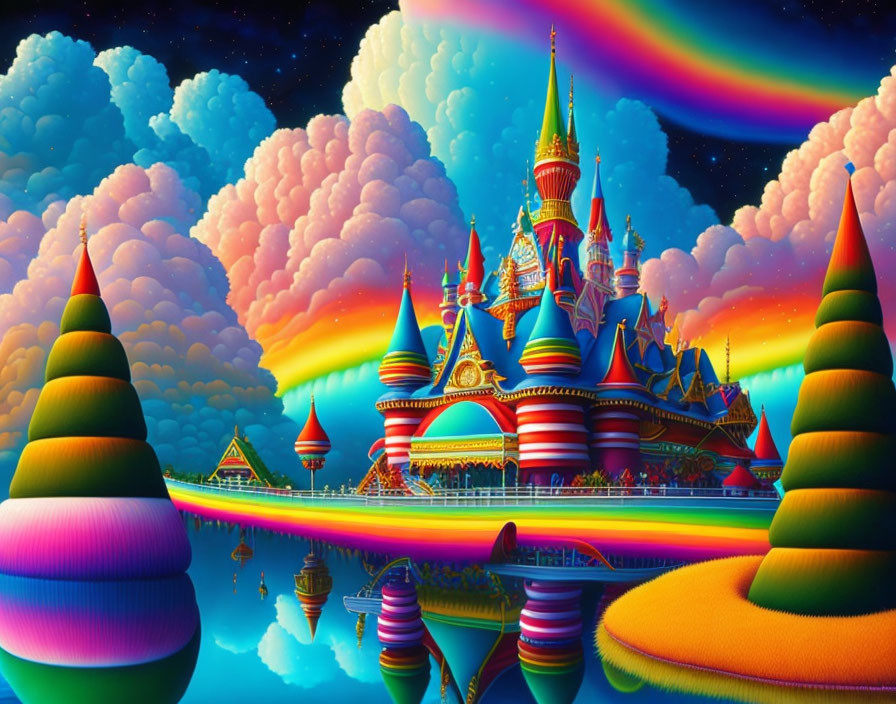 Colorful Castle with Spires Reflected in Water and Rainbow Sky