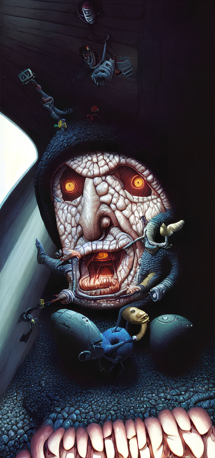 Vertical Surreal Illustration: Grotesque Creature with Bulbous Eyes and Sharp Teeth in Dark