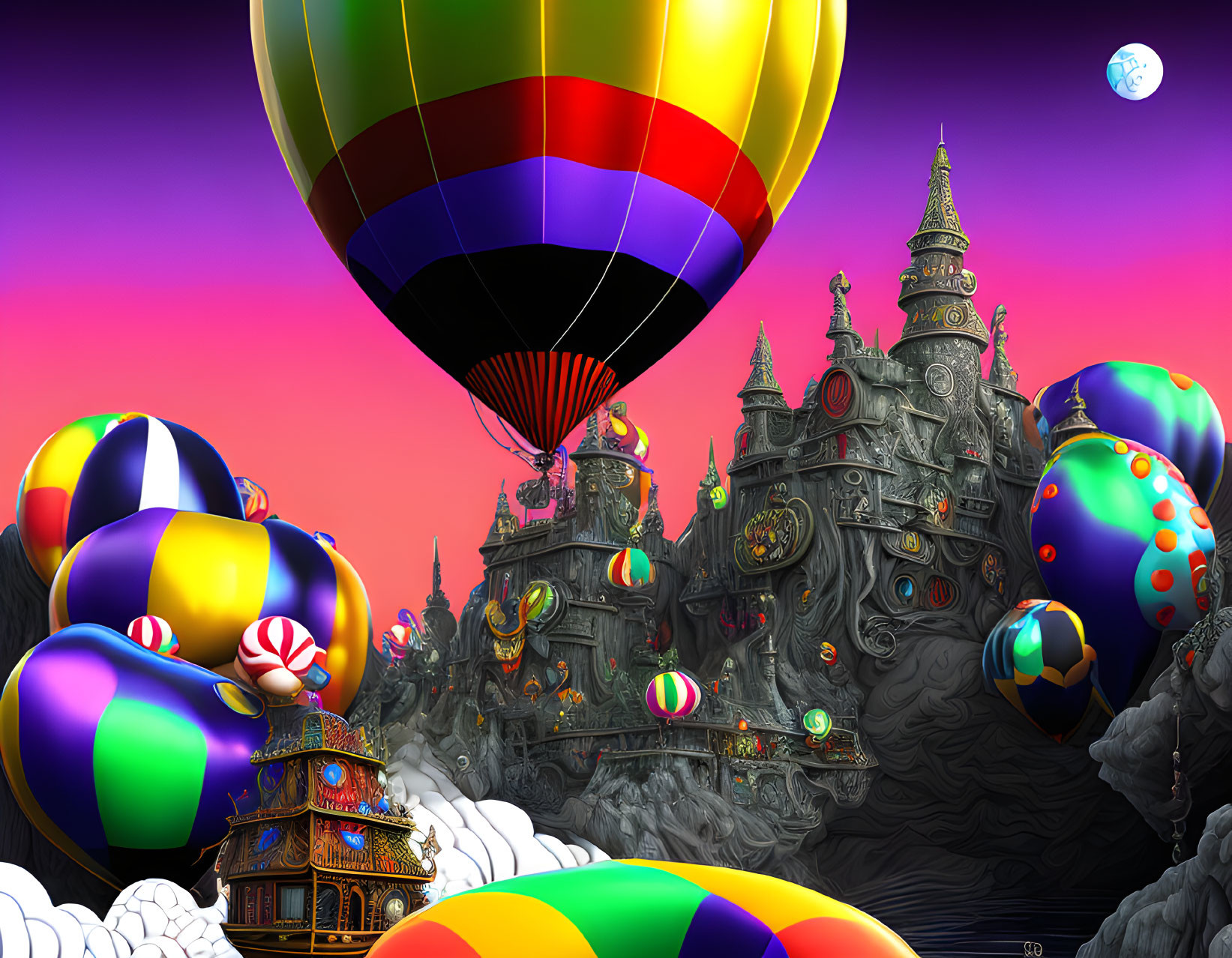 Vibrant hot air balloons over intricate castle in purple sky