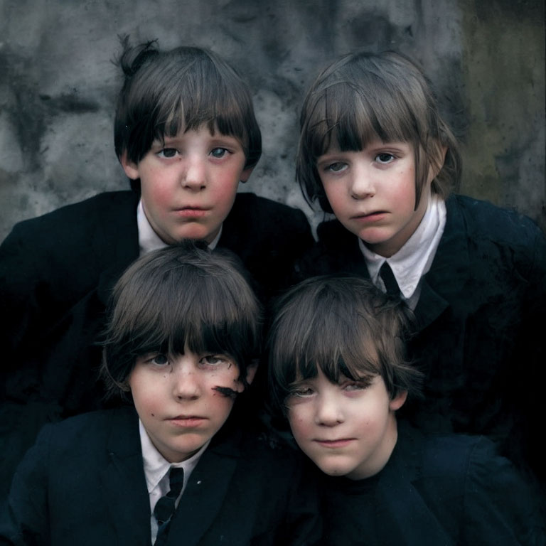 Four solemn children in black attire, possibly siblings, against grey backdrop