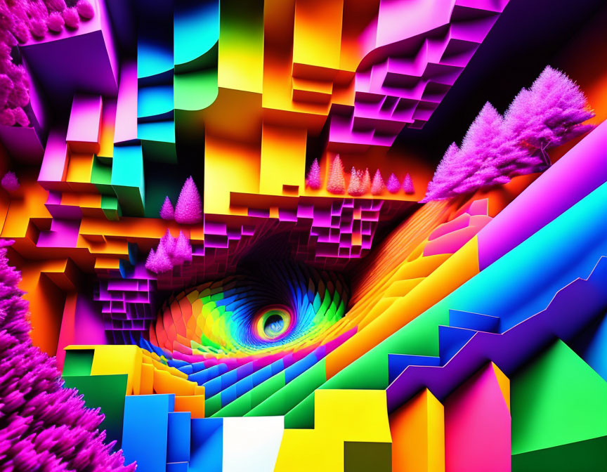 Colorful Geometric Tunnel Artwork with Fractal Trees