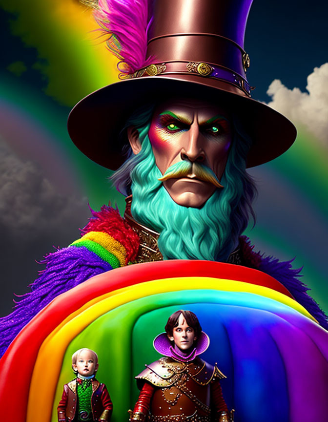 Illustration of stern-faced character in top hat with rainbow backdrop and ornately-dressed figures on colorful