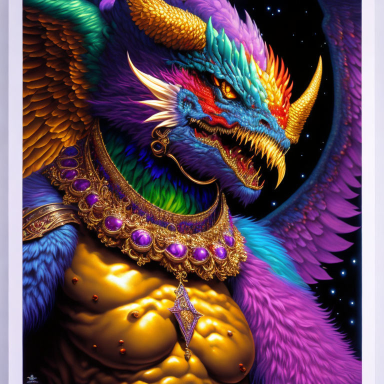 Colorful Fantasy Dragon with Horns, Scales, Jeweled Accessories on Starry Background