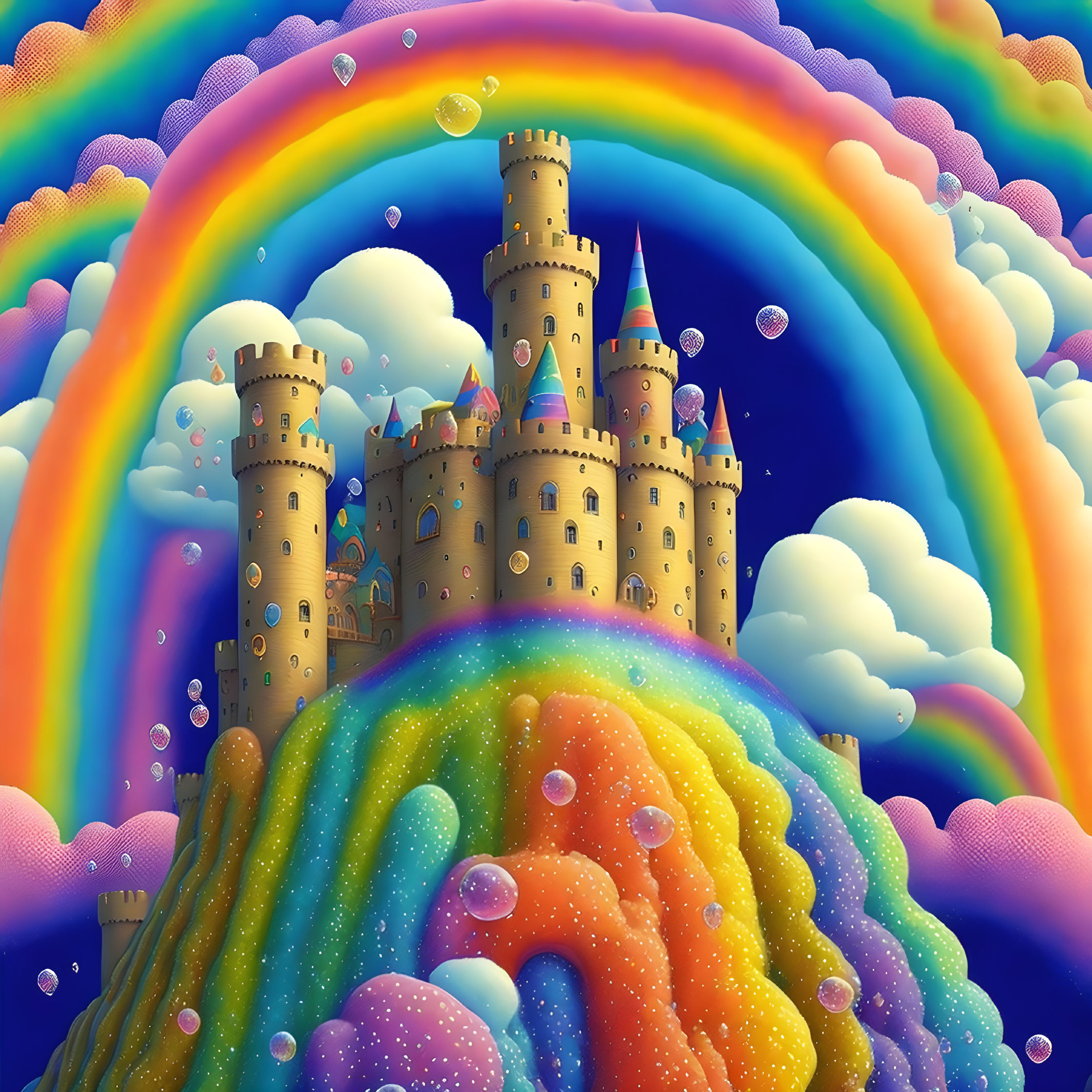 Colorful surreal illustration of sandcastle fortress in clouds with rainbow and bubbles