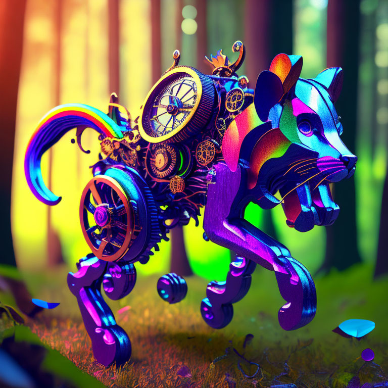 Colorful Gear Cat in Fantastical Forest with Rainbow Accents