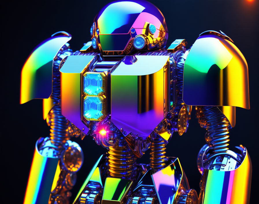 Colorful 3D-rendered robot with spherical head and hexagonal torso on dark background