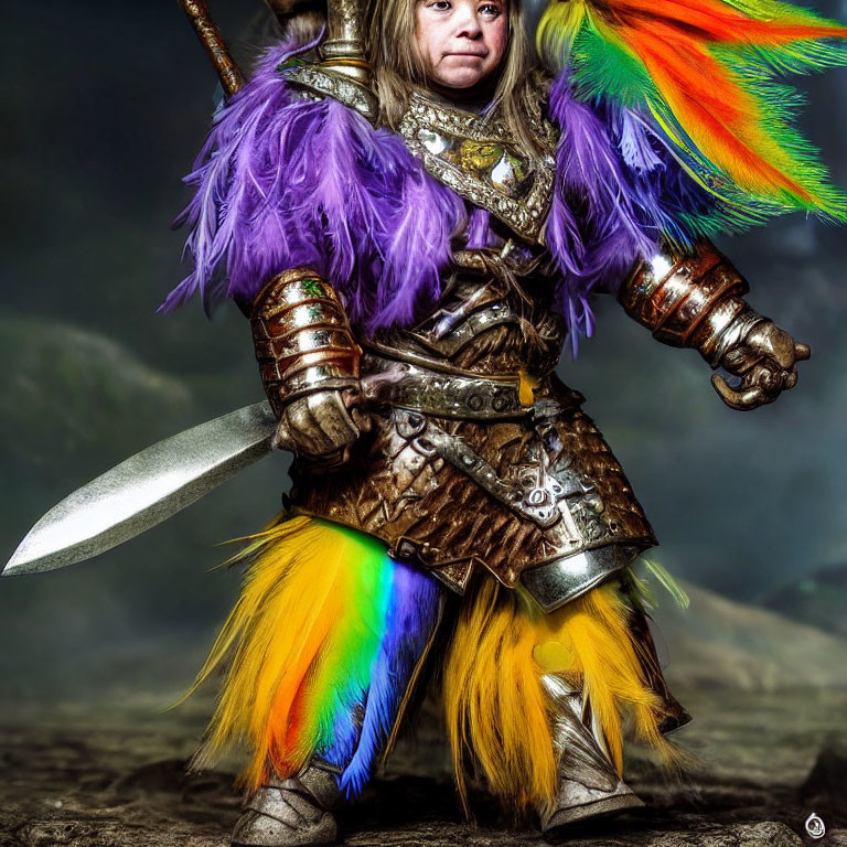 Fantasy character in purple fur armor with feathered shoulders and large sword