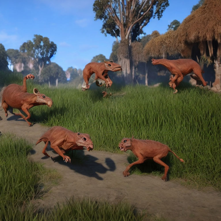 Brown feathered dinosaur-like creatures in grassy field with trees and huts.