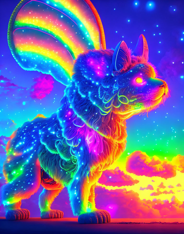 Neon-colored mythical feline with butterfly wings in starry sky