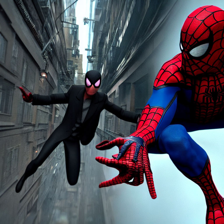 Two Spider-Man characters swinging in different suits between city buildings