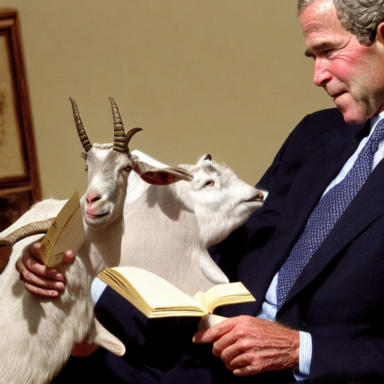 Person reading book to goats in room