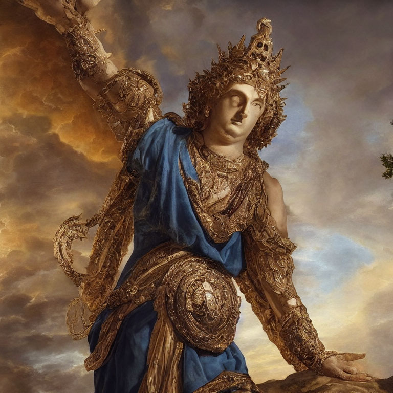 Regal figure in ornate armor and crown on cloudy sky background