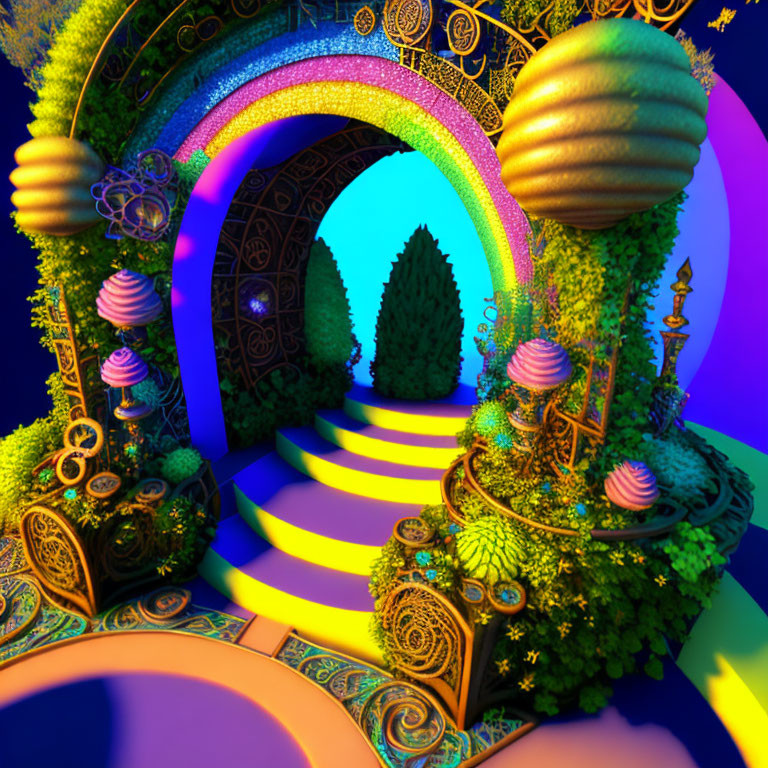 Vibrant fantasy garden with glowing archway and rainbow walkway