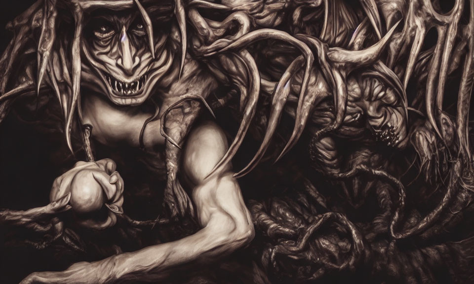 Eerie dark artwork of sinister, muscular figure in twisted shadows